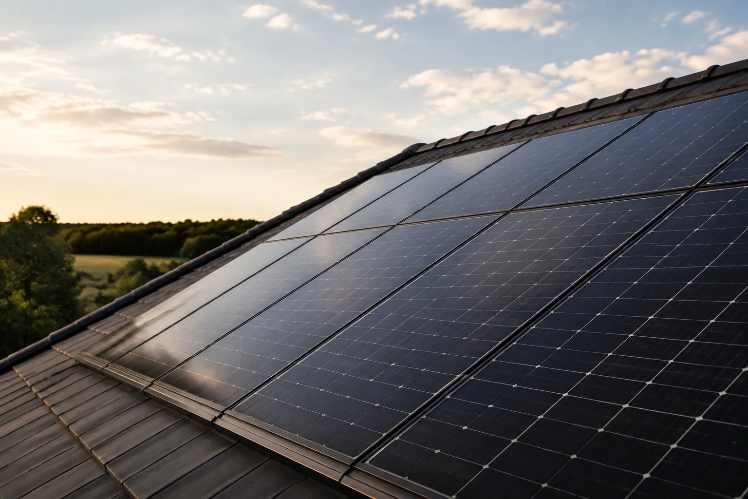Illustratives Motiv: Photovoltaikmodule auf einem Hausdach im Abendlicht